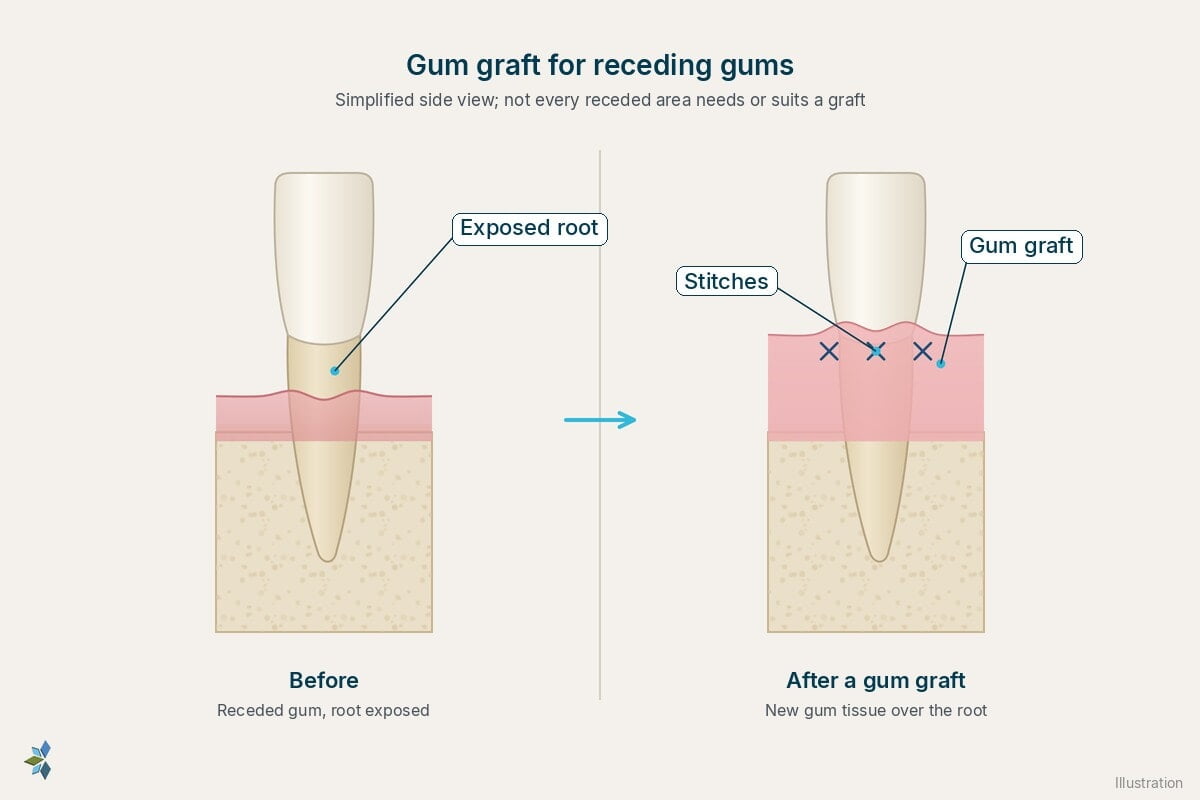 Side view of a lower front tooth before and after a gum graft: on the left, a receded gum line with an exposed root; on the right, after the graft, with new gum tissue covering the root and stitches at the gum line