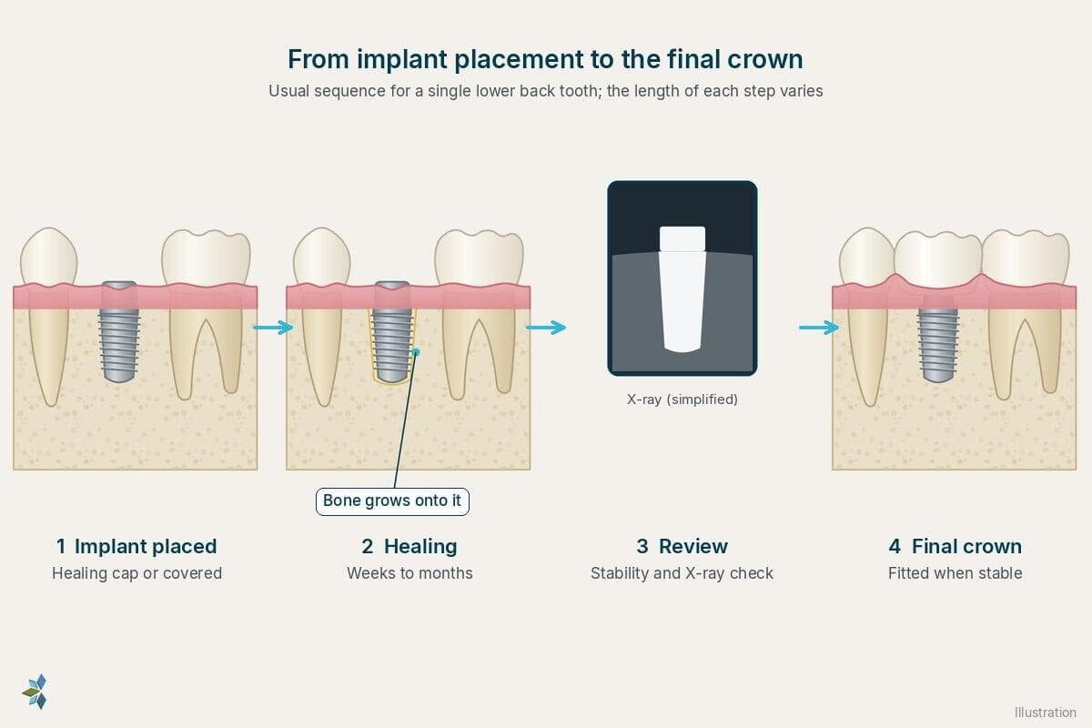 Timeline from left to right: an implant placed in the jawbone with a healing cap, the healing period of weeks to months while bone forms around the implant, a check of stability with an X-ray, and the final crown fitted on the implant