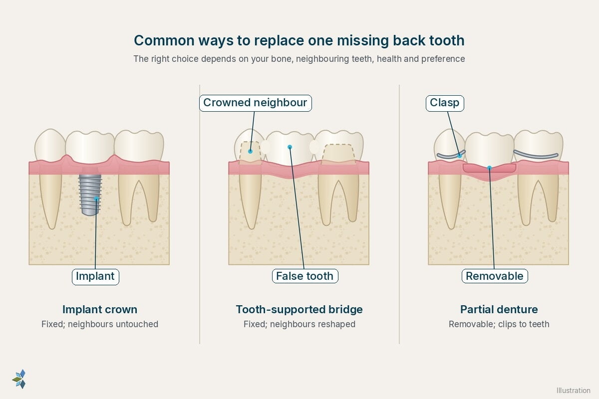 Three ways to replace one missing lower back tooth, side view: an implant with a crown, leaving the neighbouring teeth untouched; a tooth-supported bridge, with the neighbouring teeth crowned to hold a false tooth; and a removable partial denture held by clasps on the neighbouring teeth
