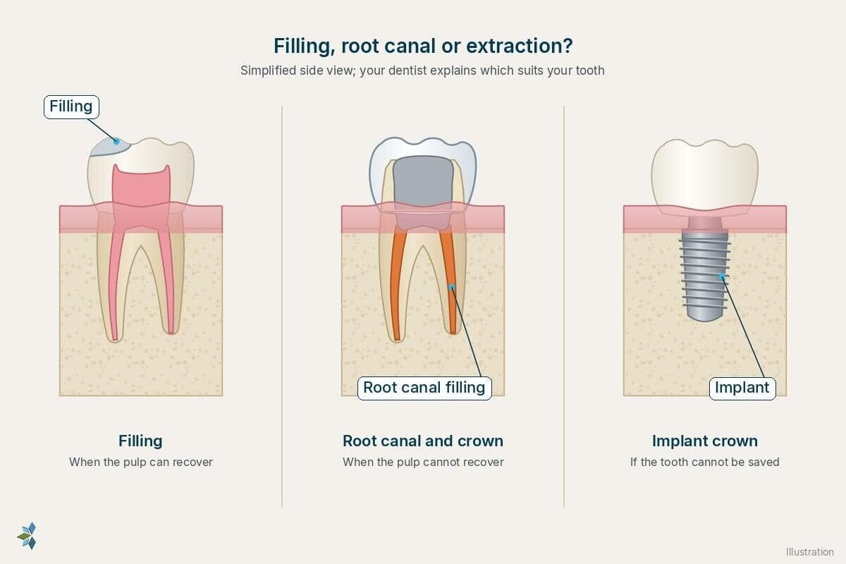 Three treatment outcomes on a lower molar: a filling where decay has been removed, a root canal with gutta-percha in the canals and a crown, and an implant with a crown after extraction