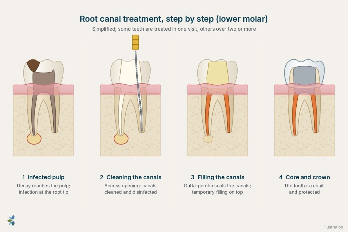 Four steps of root canal treatment on a lower molar: infected pulp with an abscess, cleaning the canals with a file, canals filled with gutta-percha, and the tooth restored with a core and crown