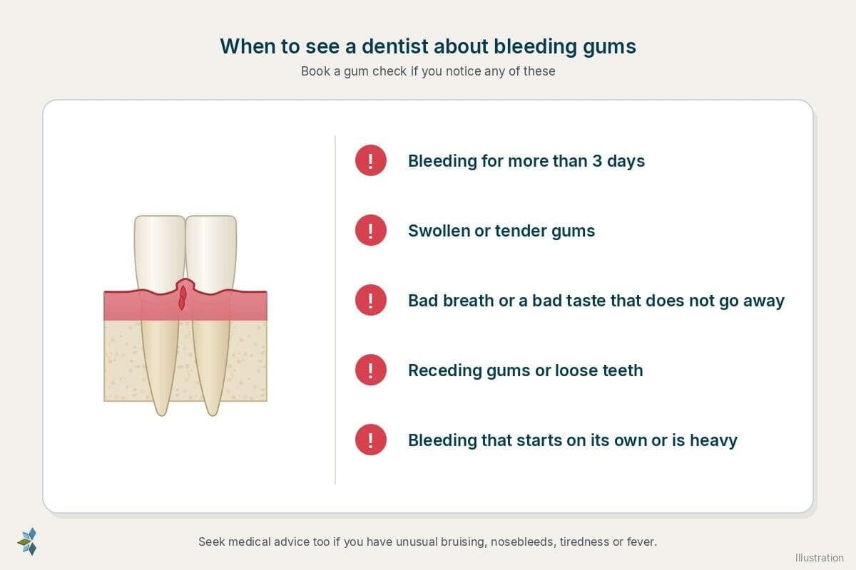Card titled "When to see a dentist about bleeding gums" with a drawn tooth and gum and five warning signs: bleeding for more than 3 days, swollen or tender gums, bad breath or a bad taste that does not go away, receding gums or loose teeth, and bleeding that starts on its own or is heavy